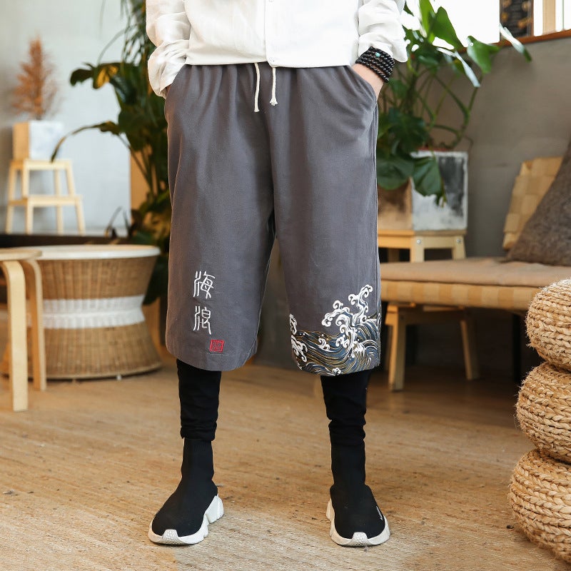 Selling 2019 Autumn New Chinese Style Large Size Retro Wave Printed Fake Two-Piece Trousers - Image 4