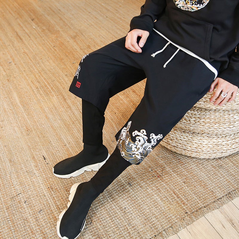 Selling 2019 Autumn New Chinese Style Large Size Retro Wave Printed Fake Two-Piece Trousers - Image 5