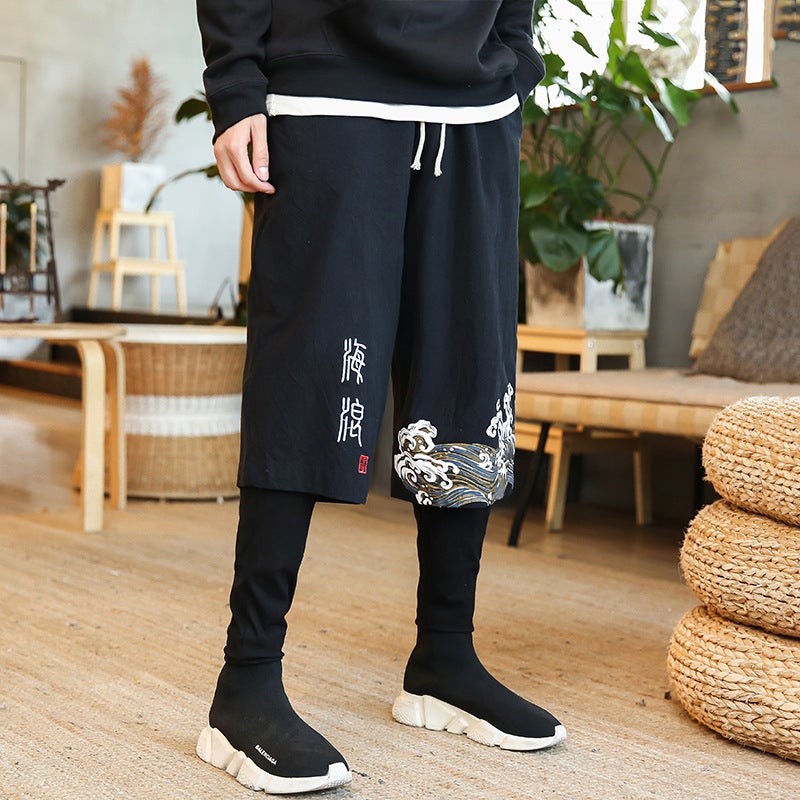 Selling 2019 Autumn New Chinese Style Large Size Retro Wave Printed Fake Two-Piece Trousers - Image 1