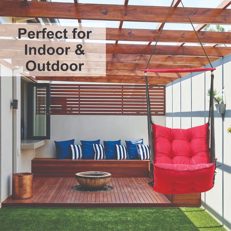 JULJULIA أرجوحة قطنية للشرفة - مميزة للبالغين في المنزل، أرجوحة آمنة للأطفال، كرسي معلق للشرفة الداخلية، تصميم متين ومريح، سهولة التركيب والصيانة - JJ_Low-RED - Image 4