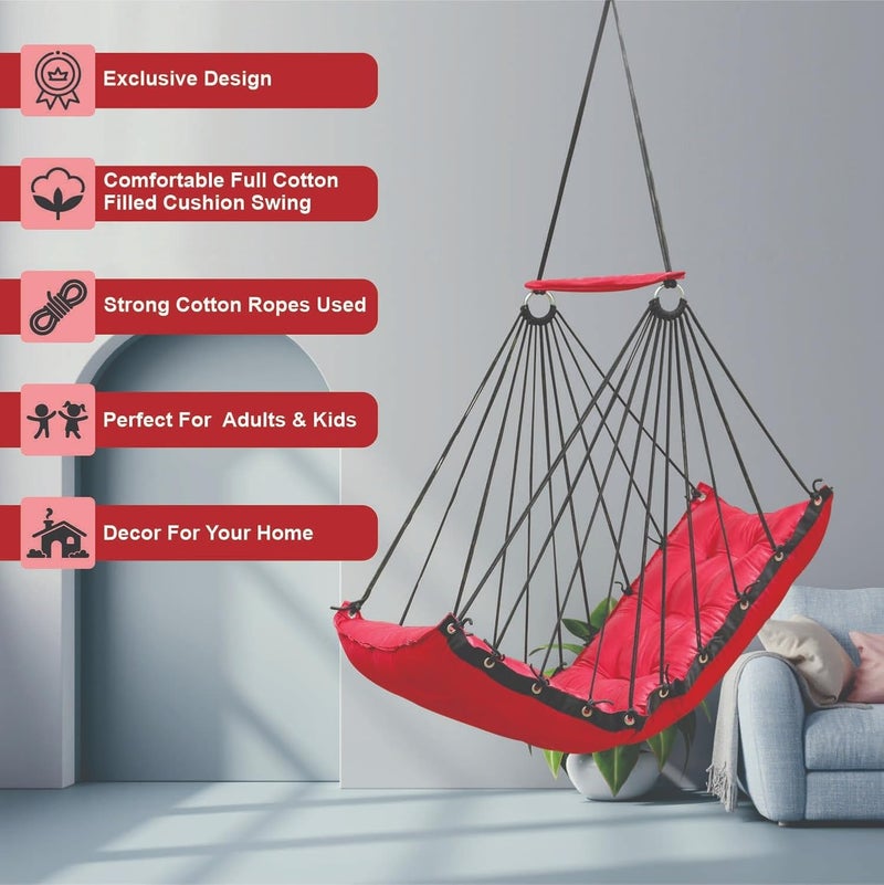 JULJULIA أرجوحة قطنية للشرفة - مميزة للبالغين في المنزل، أرجوحة آمنة للأطفال، كرسي معلق للشرفة الداخلية، تصميم متين ومريح، سهولة التركيب والصيانة - JJ_Low-RED - Image 3