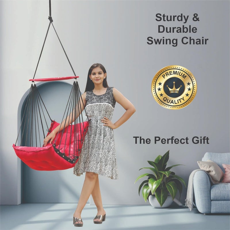 JULJULIA أرجوحة قطنية للشرفة - مميزة للبالغين في المنزل، أرجوحة آمنة للأطفال، كرسي معلق للشرفة الداخلية، تصميم متين ومريح، سهولة التركيب والصيانة - JJ_Low-RED - Image 2