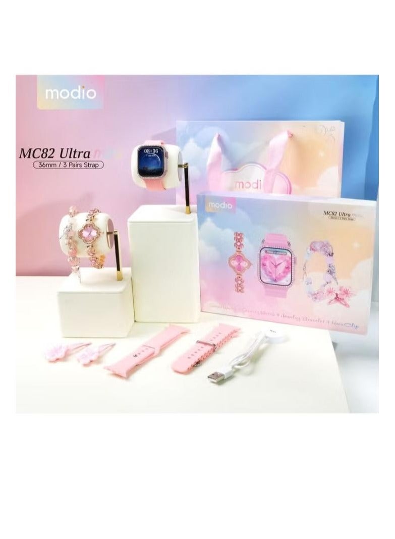Modio MC82 Ultra Mini 36mm Micro Curved Display Ladies Smart Watch Gemstone Bracelete and 3 Pair Straps Pink - Image 2