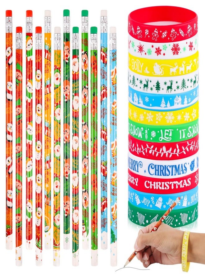 LOKIPA 48PCS Christmas Pencils Set, 24PCS Christmas Pencils with 24 PCS Xmas Silicone Bracelets Christmas Party Favors Set Xmas Gifts for Kids Classroom Office Holiday Party Reward Supplies - Image 1