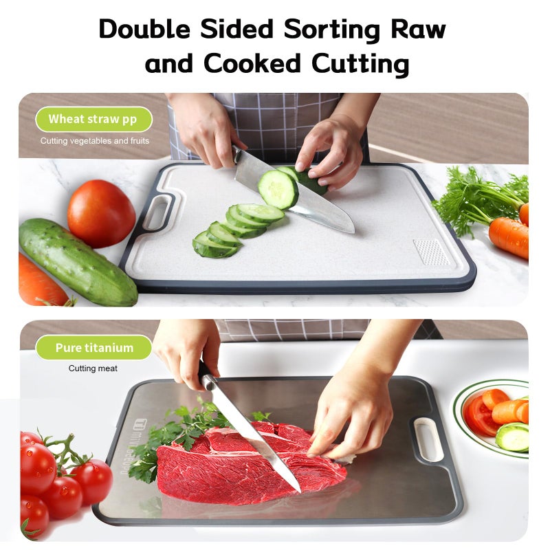 mivndeeopu Titanium Cutting Board, Titanium Cutting Boards for Kitchen Food Grade Metal Meat Cutting Boards Non Toxic, Pure Cut Titanium & Wheat Straw PP Double Sided Chopping Board, Large 15.2â€Ã—10.5â€ (1 Pcs) - Image 4