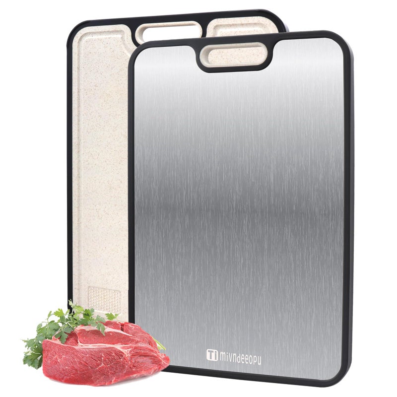 mivndeeopu Titanium Cutting Board, Titanium Cutting Boards for Kitchen Food Grade Metal Meat Cutting Boards Non Toxic, Pure Cut Titanium & Wheat Straw PP Double Sided Chopping Board, Large 15.2â€Ã—10.5â€ (1 Pcs) - Image 1