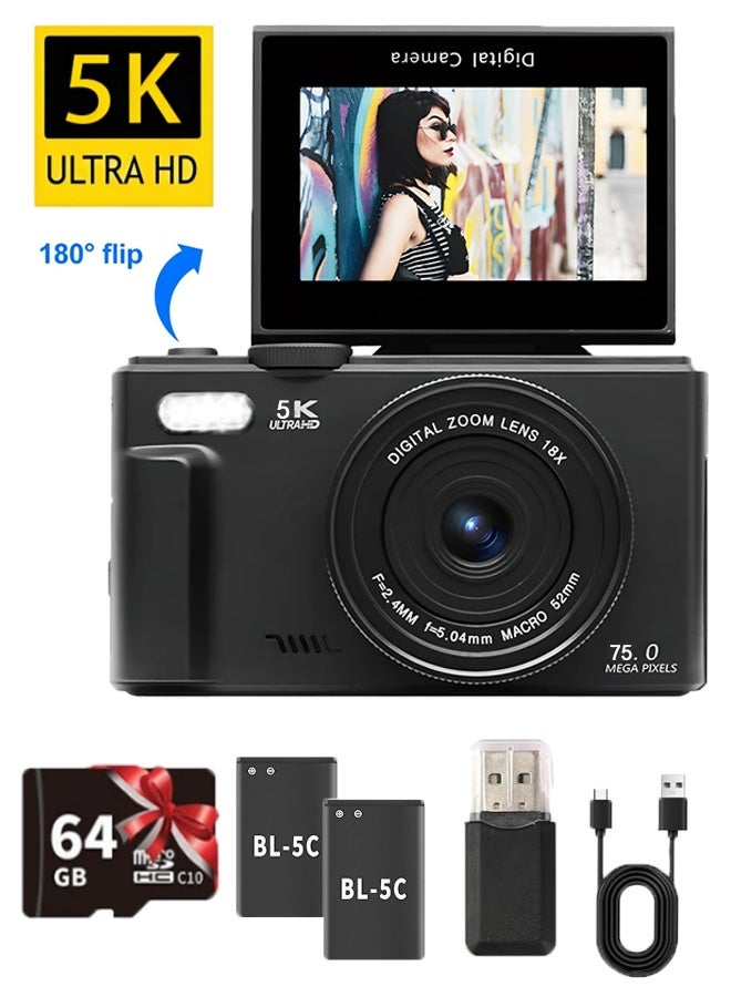 Generic Digital Camera, 5K Vlogging Camera, Kids Camera 75MP Point and Shoot Digital Cameras with 64GB TF Card, 18X Zoom, 2 Batteries For Kids Boys Girls (Black)  - Image 1