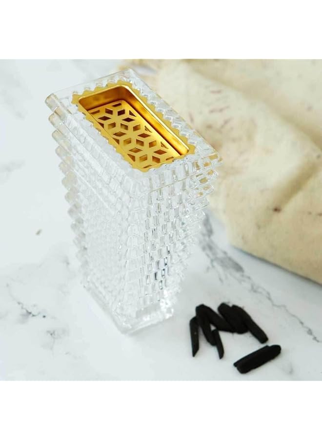 erorex Crystal Glass Bakhoor Burner Square Oud Burner Incense Bakhoor Charcoal Burner Oud Incense Burner Incense Burner Frankincense Burner Madkhan Mabkhara Bakhoor Gold Incense Burner Clear - Image 3