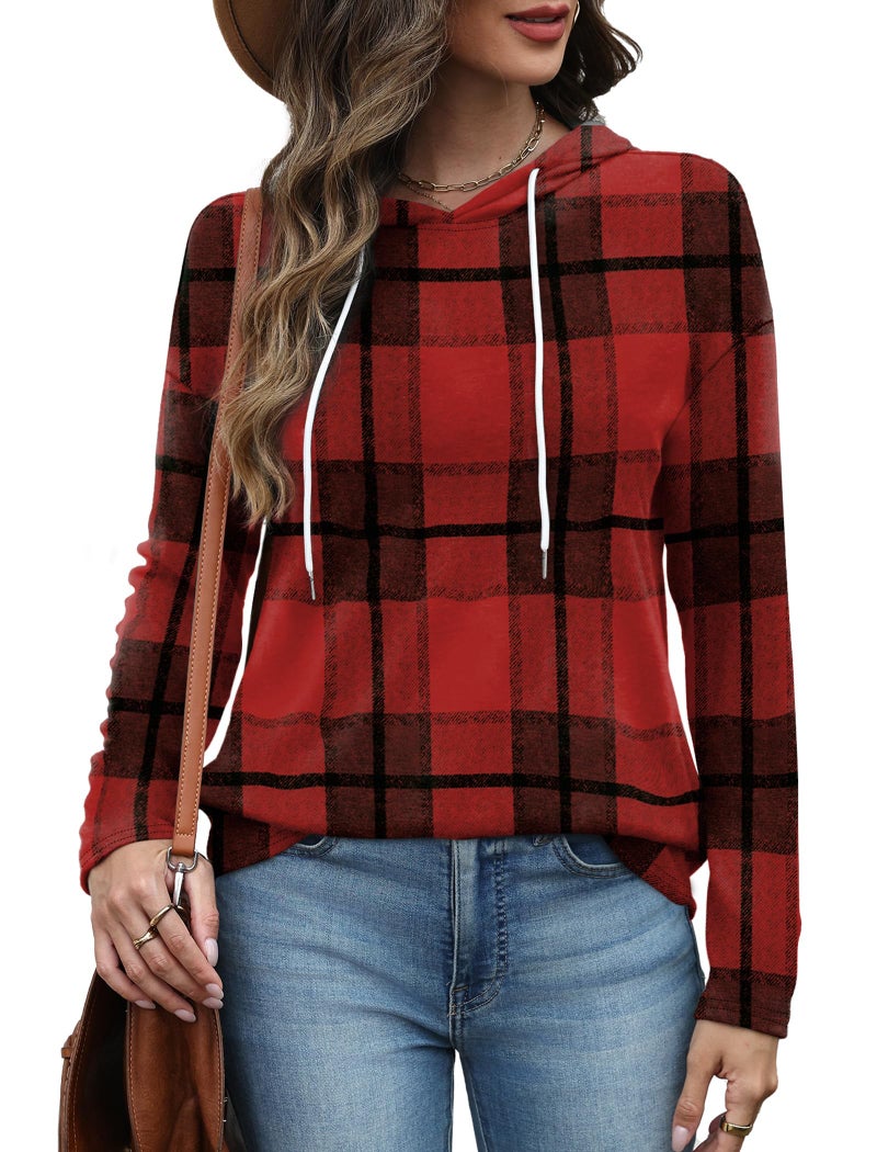 Bofell Ugly Holiday Sweater for Women Trendy Sweatshirt Fall Outfits 2025 Hooded Sweatshirts Loose Fit Red Plaid L - Image 4