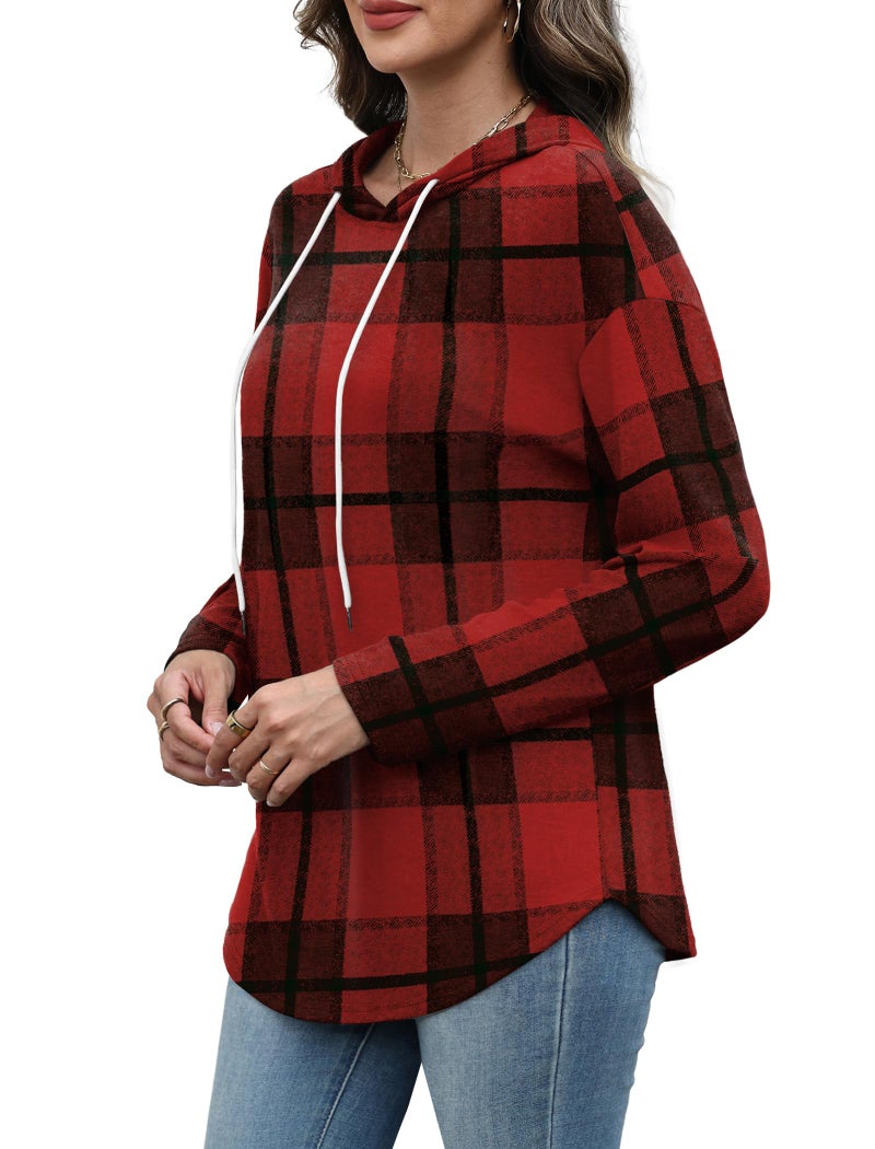 Bofell Ugly Holiday Sweater for Women Trendy Sweatshirt Fall Outfits 2025 Hooded Sweatshirts Loose Fit Red Plaid L - Image 3