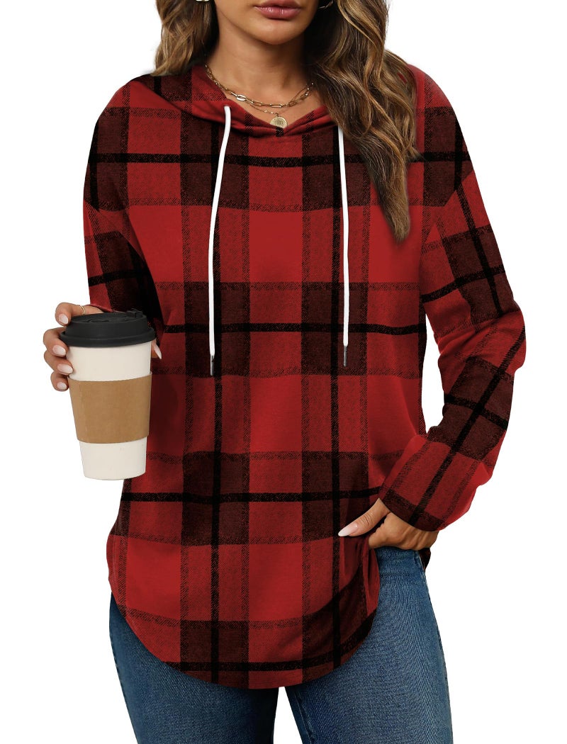 Bofell Ugly Holiday Sweater for Women Trendy Sweatshirt Fall Outfits 2025 Hooded Sweatshirts Loose Fit Red Plaid L - Image 1