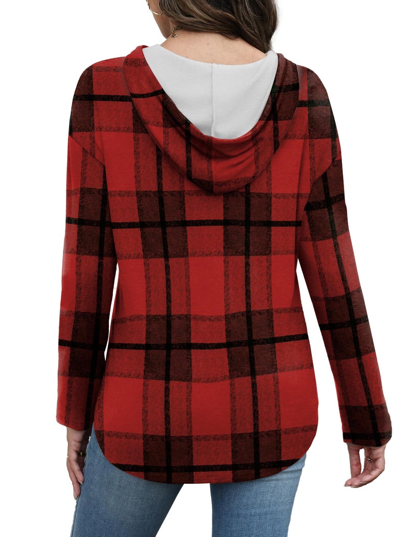 Bofell Ugly Holiday Sweater for Women Trendy Sweatshirt Fall Outfits 2025 Hooded Sweatshirts Loose Fit Red Plaid L - Image 5