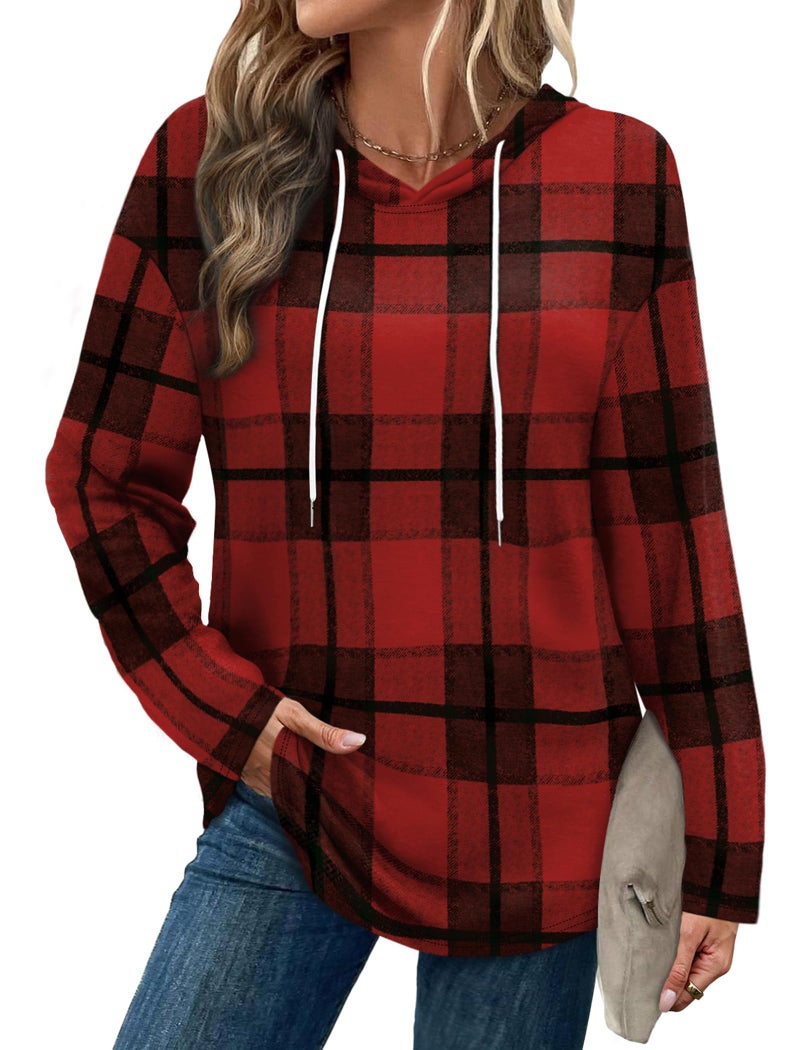 Bofell Ugly Holiday Sweater for Women Trendy Sweatshirt Fall Outfits 2025 Hooded Sweatshirts Loose Fit Red Plaid L - Image 2