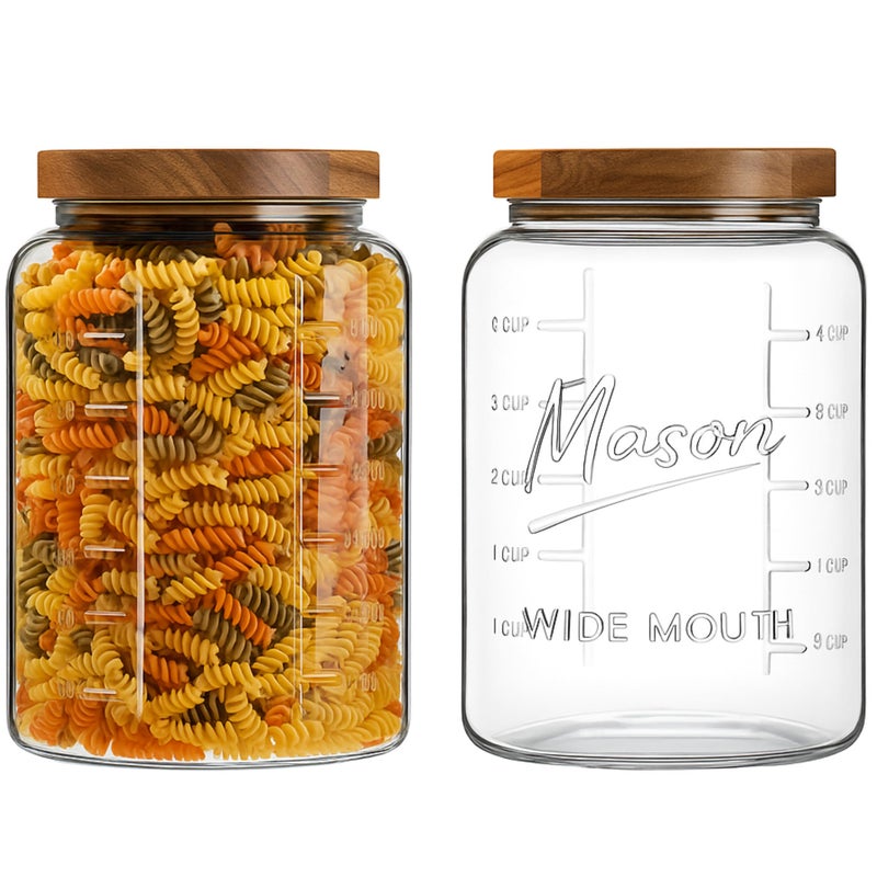 kitchentoolz 1 Gallon Glass Mason Jar with Airtight Wooden Lid, Wide Mouth Large Food Storage Container with Measurement Markings For Kitchen Pantry, Pickling, Cookies, Flour & Sugar - 2 Pack - Image 1
