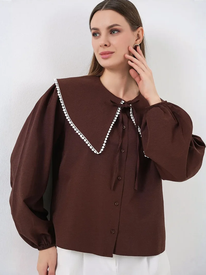 Big Dart Mocha Brown BDART Poplin Baby Collar Shirt with Bow for Women | Best Price UAE