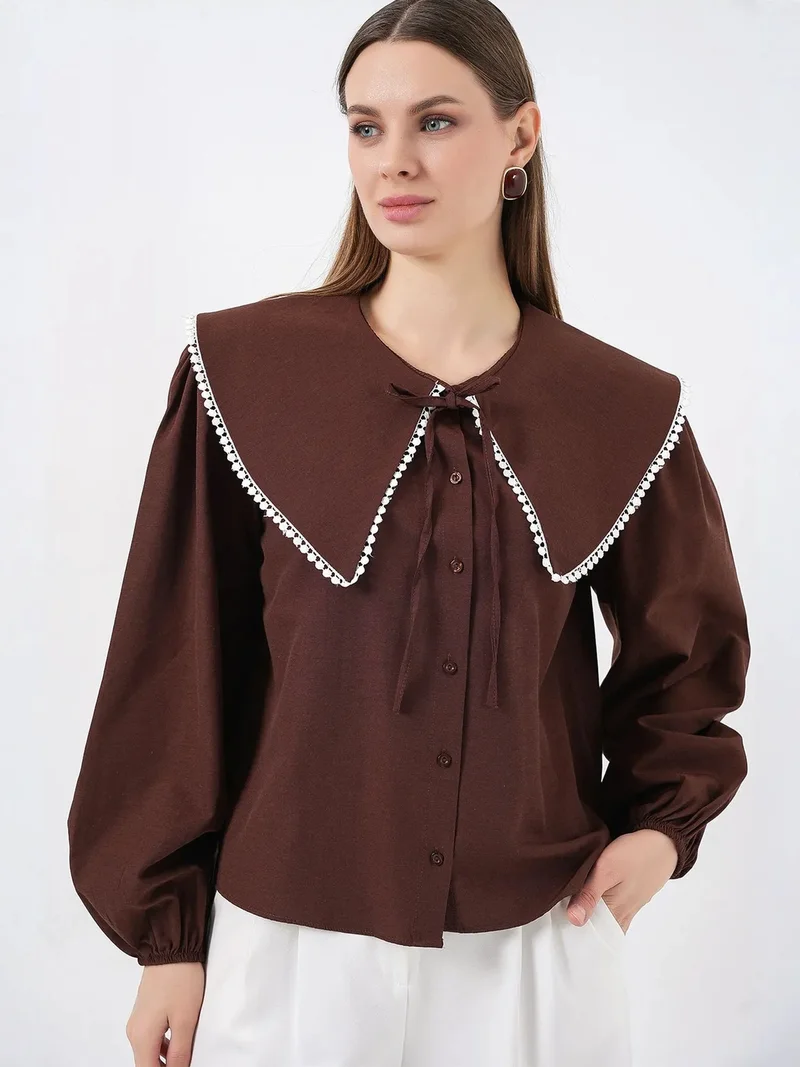 Big Dart Mocha Brown BDART Poplin Baby Collar Shirt with Bow for Women | Best Price UAE
