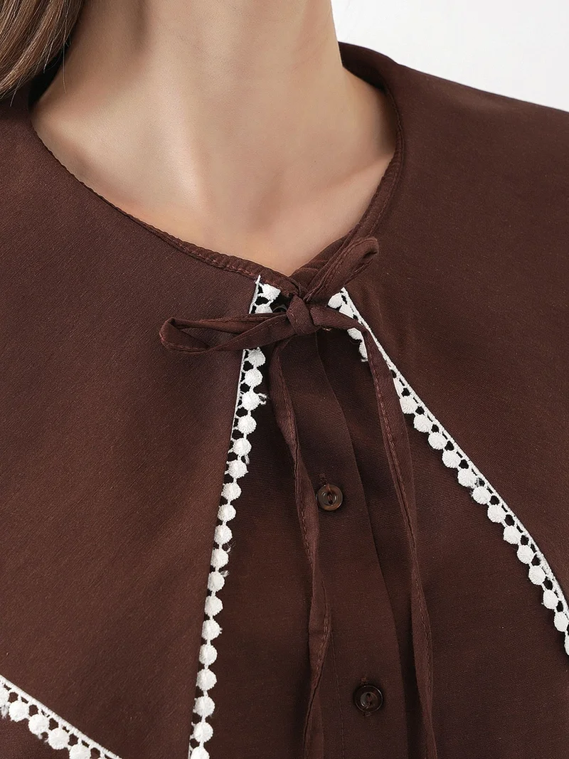 Big Dart Mocha Brown BDART Poplin Baby Collar Shirt with Bow for Women | Best Price UAE