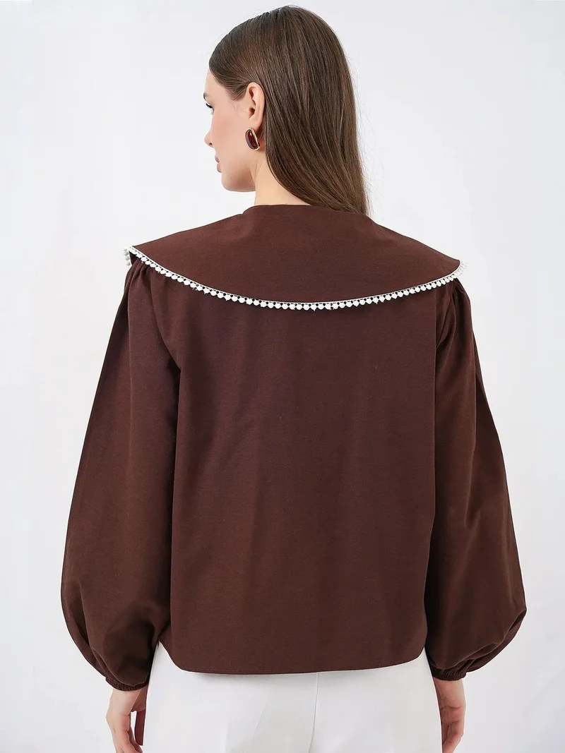 Big Dart Mocha Brown BDART Poplin Baby Collar Shirt with Bow for Women | Best Price UAE