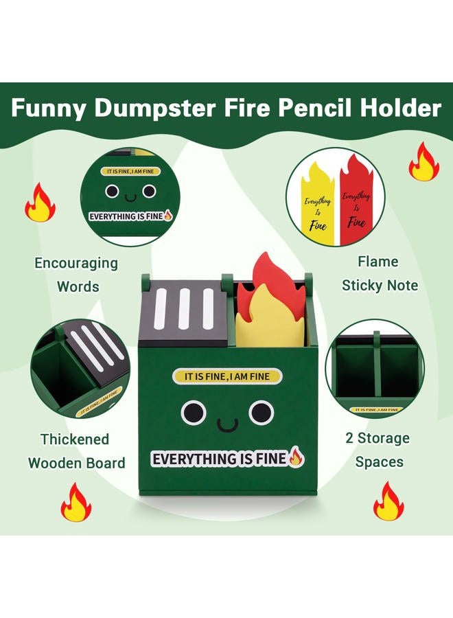Dalycro Dumpster Fire Pencil Holder with 100 PCS Flame Sticky Notes – Funny Dumpster Fire Desk Accessories for Office Decor – Fun Gift for Men, Coworkers (Green) - Image 3