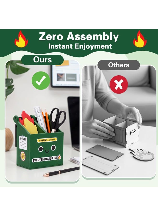Dalycro Dumpster Fire Pencil Holder with 100 PCS Flame Sticky Notes – Funny Dumpster Fire Desk Accessories for Office Decor – Fun Gift for Men, Coworkers (Green) - Image 4