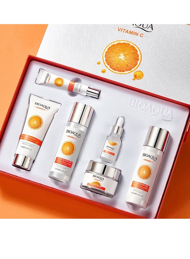 بيو أكوا مجموعة العناية بالبشرة فيتامين سي المرطبة 6 في 1 غسول ماء جوهري سيروم لوشن كريم عين كريم وجه تبييض ترطيب توهج مكافحة الشيخوخة روتين يومي للبشرة - Image 1