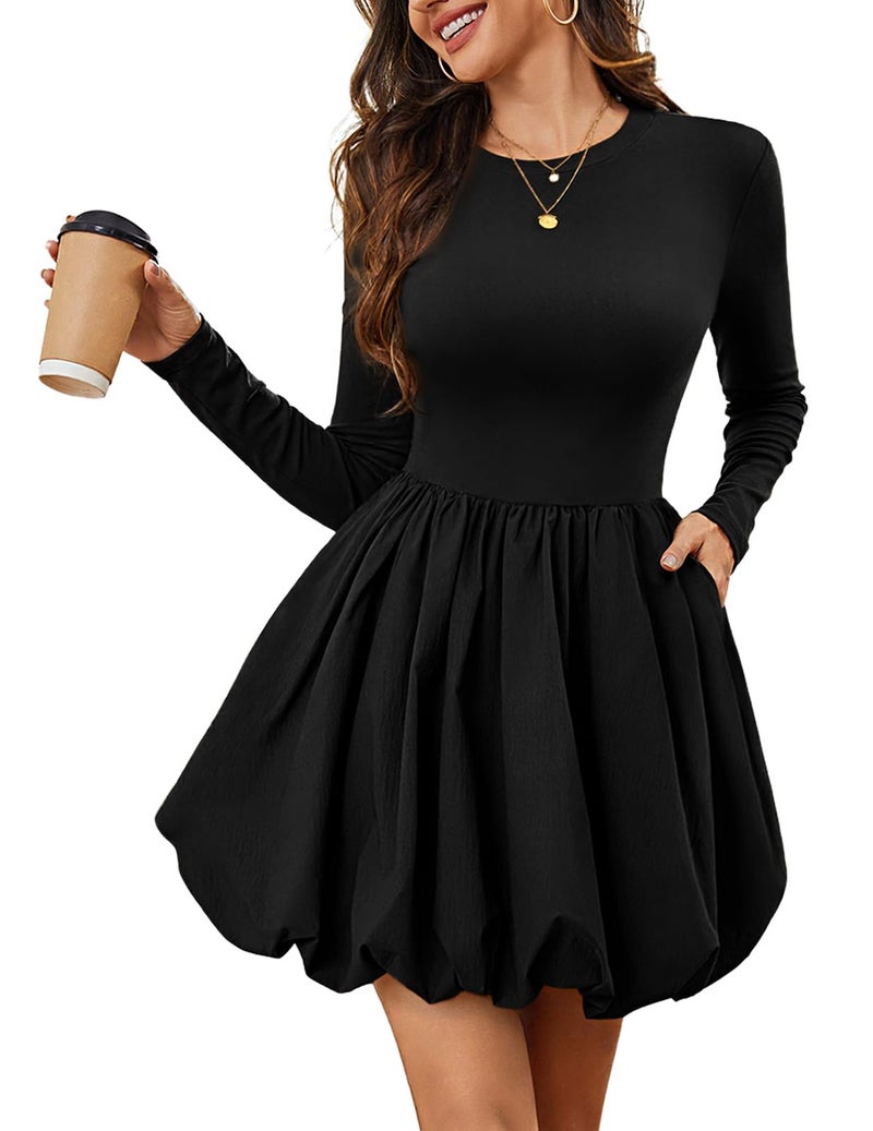 Meetjen Womens Long Sleeve Bubble Mini Dress for Teens Crew Neck Fall Homecoming Short Cocktail Party Dresses with Pockets Wedding Guest Black S - Image 1