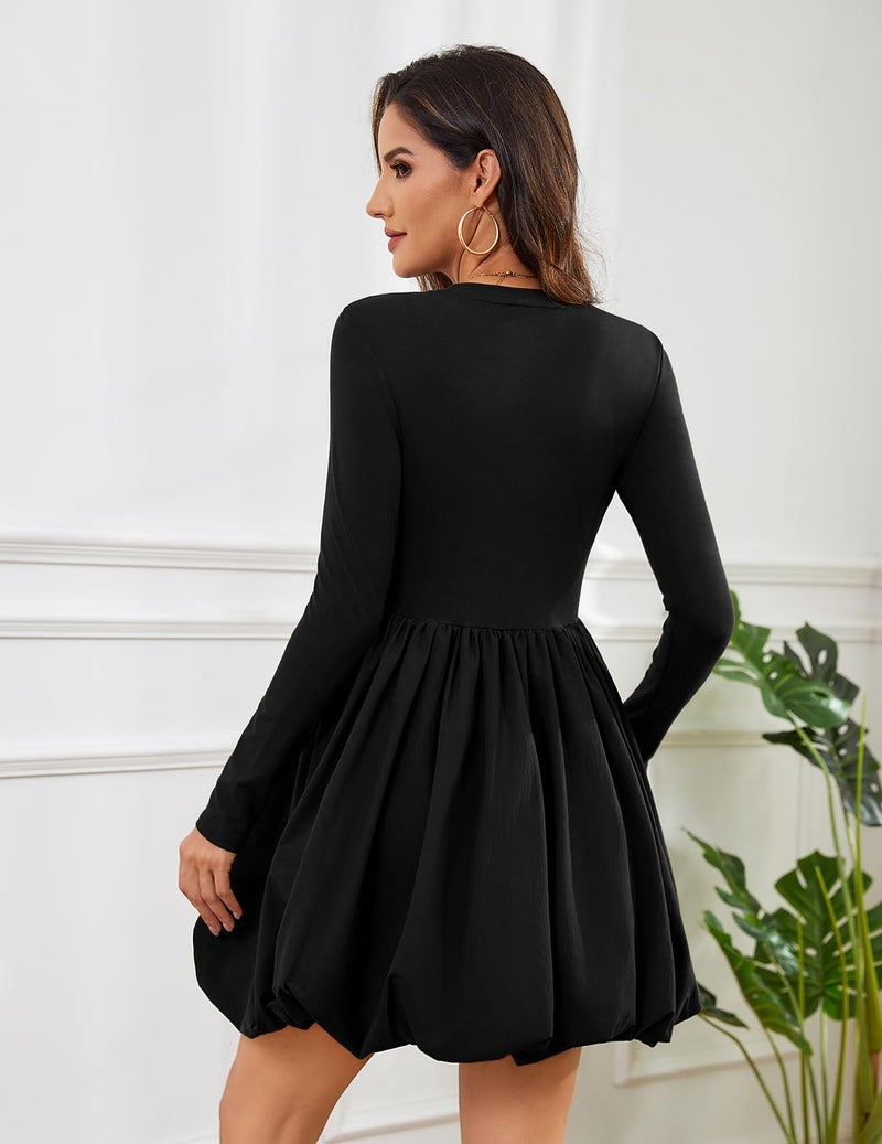 Meetjen Womens Long Sleeve Bubble Mini Dress for Teens Crew Neck Fall Homecoming Short Cocktail Party Dresses with Pockets Wedding Guest Black S - Image 2