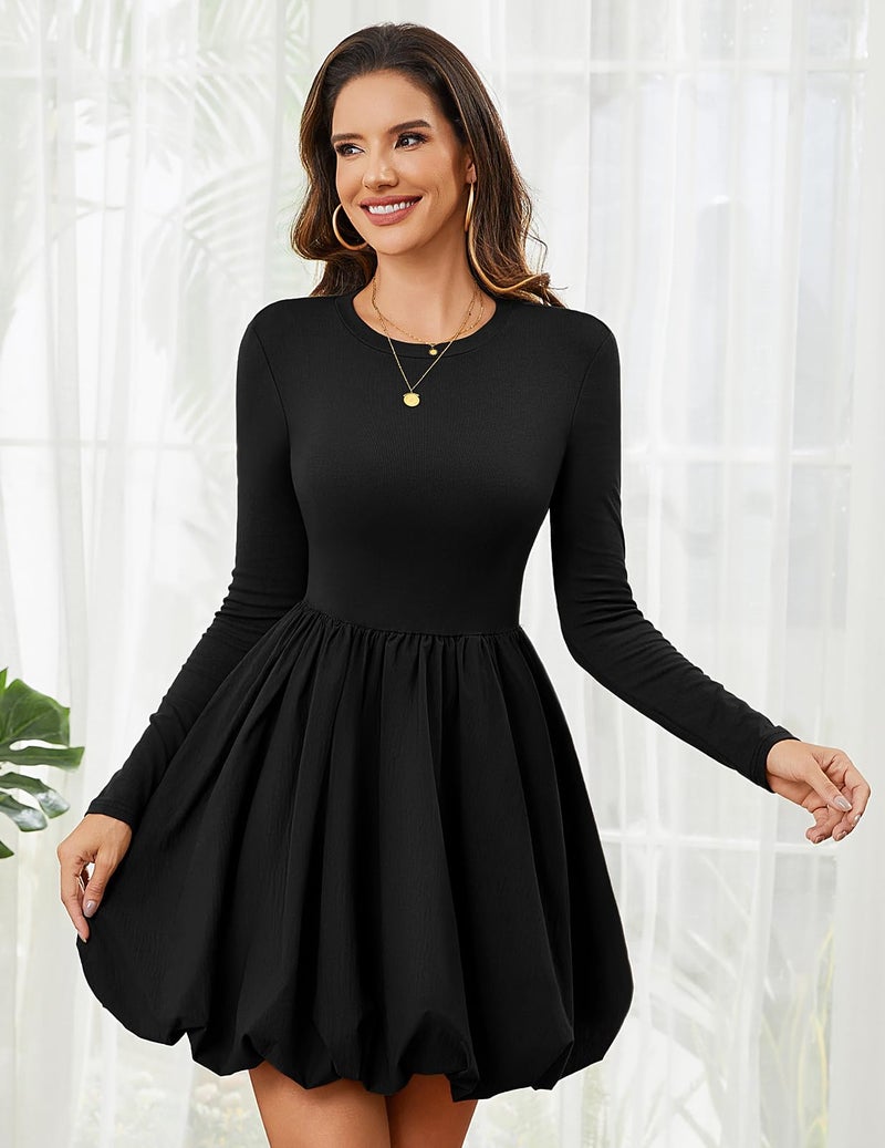 Meetjen Womens Long Sleeve Bubble Mini Dress for Teens Crew Neck Fall Homecoming Short Cocktail Party Dresses with Pockets Wedding Guest Black S - Image 3