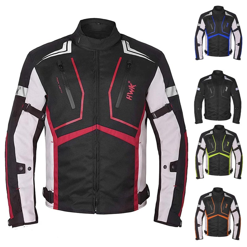 HWK Scorpion Motorcycle Jacket for Men & Women, Motorcycle Gear with Body Armor Foam Padding and Breathable Cordura Fabric, Reflective Motor Bike Jacket for Improved Night Visibility - Red, Medium