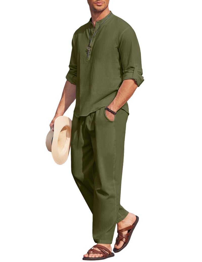 COOFANDY Mens 2 Pieces Cotton Linen Set Long Sleeve Henley Shirts Casual Beach Pants With Pockets Summer Yoga Outfits - Image 2