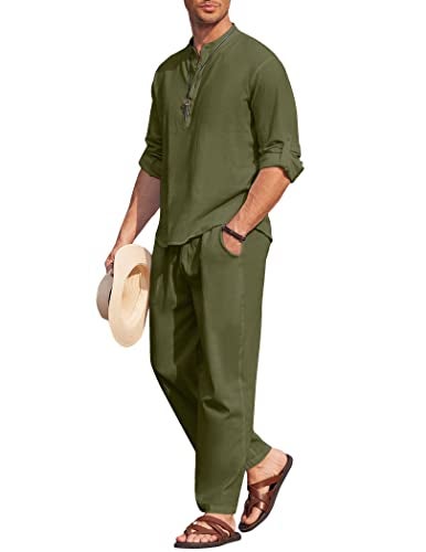 COOFANDY Mens 2 Pieces Cotton Linen Set Long Sleeve Henley Shirts Casual Beach Pants With Pockets Summer Yoga Outfits - Image 1
