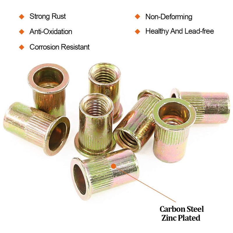 Rustark 50-Pcs 1/2''-13UNC Mixed Zinc Plated Carbon Steel Rivet Nut Flat Head Insert Nutsert Assortment Kit - Image 3