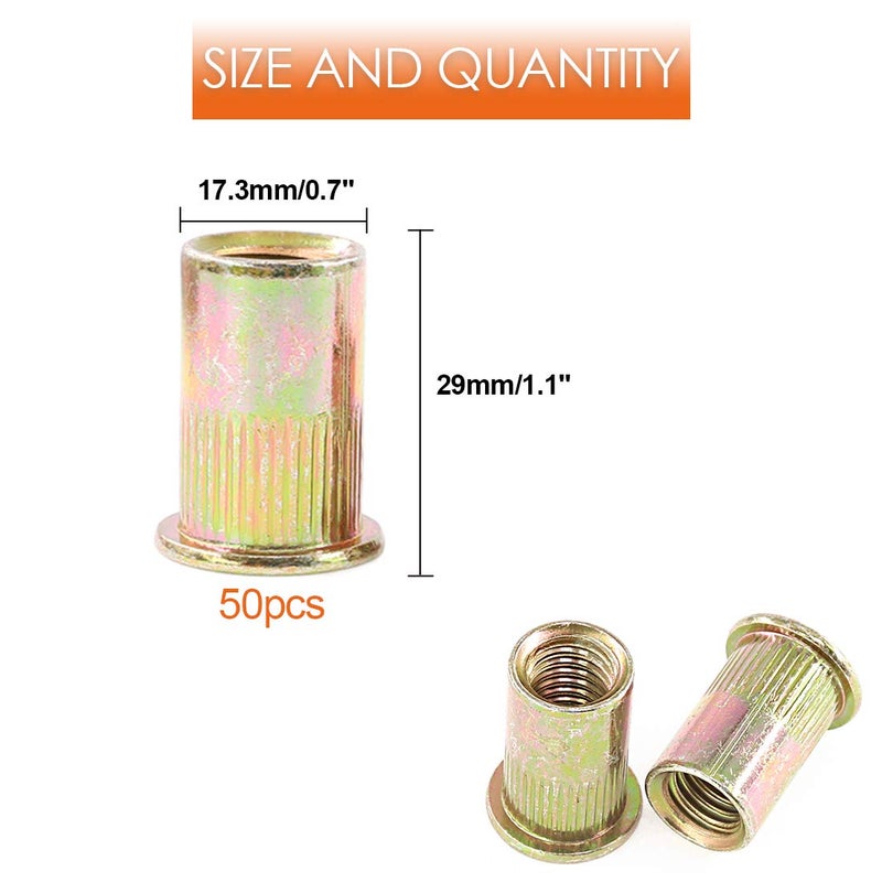 Rustark 50-Pcs 1/2''-13UNC Mixed Zinc Plated Carbon Steel Rivet Nut Flat Head Insert Nutsert Assortment Kit - Image 2