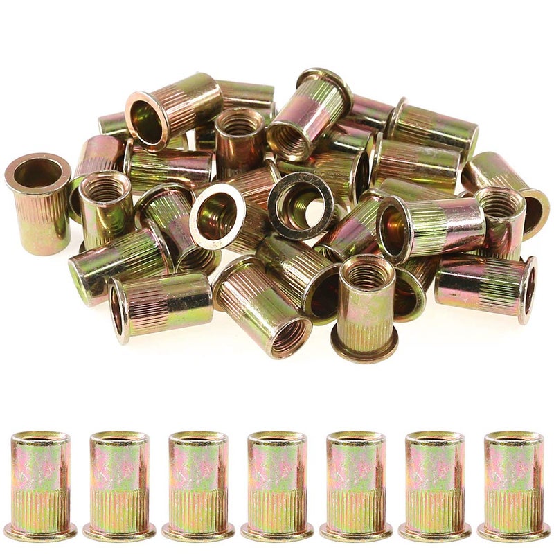 Rustark 50-Pcs 1/2''-13UNC Mixed Zinc Plated Carbon Steel Rivet Nut Flat Head Insert Nutsert Assortment Kit - Image 1