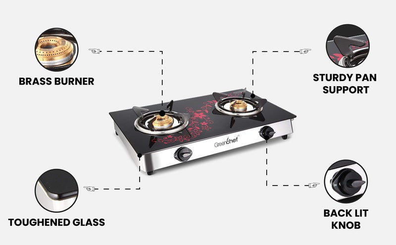 GREENCHEF Crystal Plus 2 Burner Glass Gas Stove (Black , Red), Manual - Image 2