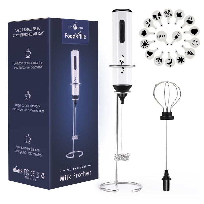 فودفيل MF05 جهاز خفق الحليب القابل لإعادة الشحن مع شاحن USB محمول وصندوق خفق من الفولاذ المقاوم للصدأ لصنع الكابتشينو واللاتيه والقهوة المحصنة ونظام الكيتو وبودرة البروتين والماتشا الأبيض
