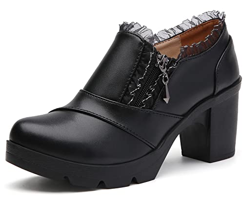 DADAWEN Women's Casual Zipper Lace Platform Mid-Heel Square Toe Oxfords Dress Shoes Black US Size 8.5 - Image 1