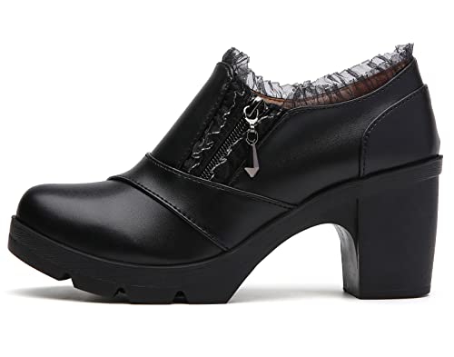 DADAWEN Women's Casual Zipper Lace Platform Mid-Heel Square Toe Oxfords Dress Shoes Black US Size 8.5 - Image 4