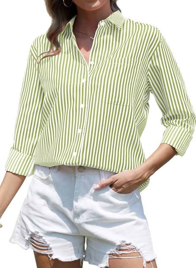 CUNLIN Grade 4 Wrinkle-Resistant Women's Button Down Shirts Striped Long Sleeve Collared Blouses Tops with Pocket, 00113_olive Green, M - Image 1