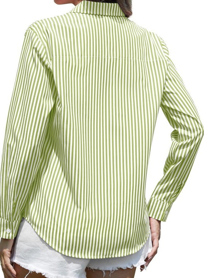 CUNLIN Grade 4 Wrinkle-Resistant Women's Button Down Shirts Striped Long Sleeve Collared Blouses Tops with Pocket, 00113_olive Green, M - Image 2