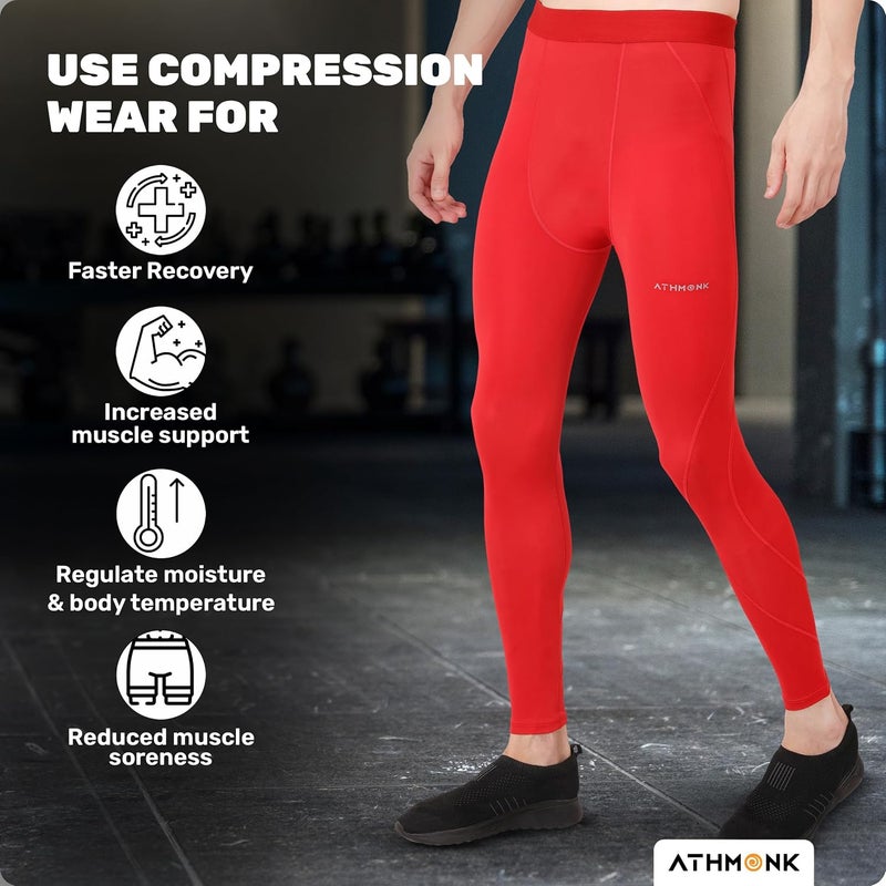 Athmonk Compression Nylon Lycra Lower Leggings Tights Yoga Pants for Men Boys - Workout Gym Exercise Running Cycling Training - Full Leg Sleeves - Cold Weather Sports Inner - Skinny Fit - Image 1