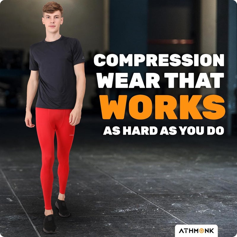 Athmonk Compression Nylon Lycra Lower Leggings Tights Yoga Pants for Men Boys - Workout Gym Exercise Running Cycling Training - Full Leg Sleeves - Cold Weather Sports Inner - Skinny Fit - Image 4