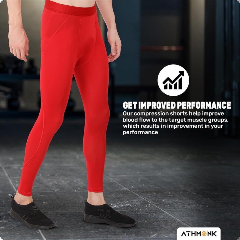 Athmonk Compression Nylon Lycra Lower Leggings Tights Yoga Pants for Men Boys - Workout Gym Exercise Running Cycling Training - Full Leg Sleeves - Cold Weather Sports Inner - Skinny Fit - Image 2