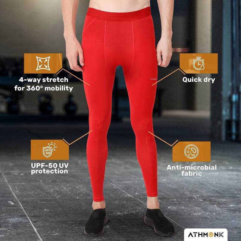 Athmonk Compression Nylon Lycra Lower Leggings Tights Yoga Pants for Men Boys - Workout Gym Exercise Running Cycling Training - Full Leg Sleeves - Cold Weather Sports Inner - Skinny Fit - Image 3