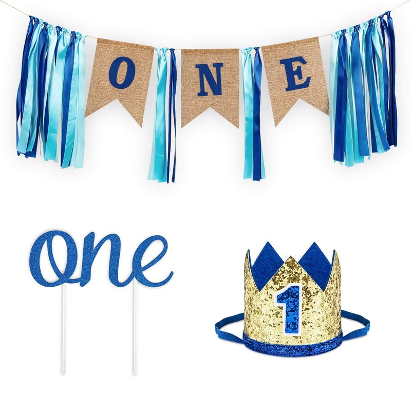 MANGO 1st Birthday Boy Decorations Set  Burlap Highchair Banner Blue Hat Crown  ONE Cake Topper  Perfect First Birthday Party Supplies for Baby Boys - Image 1