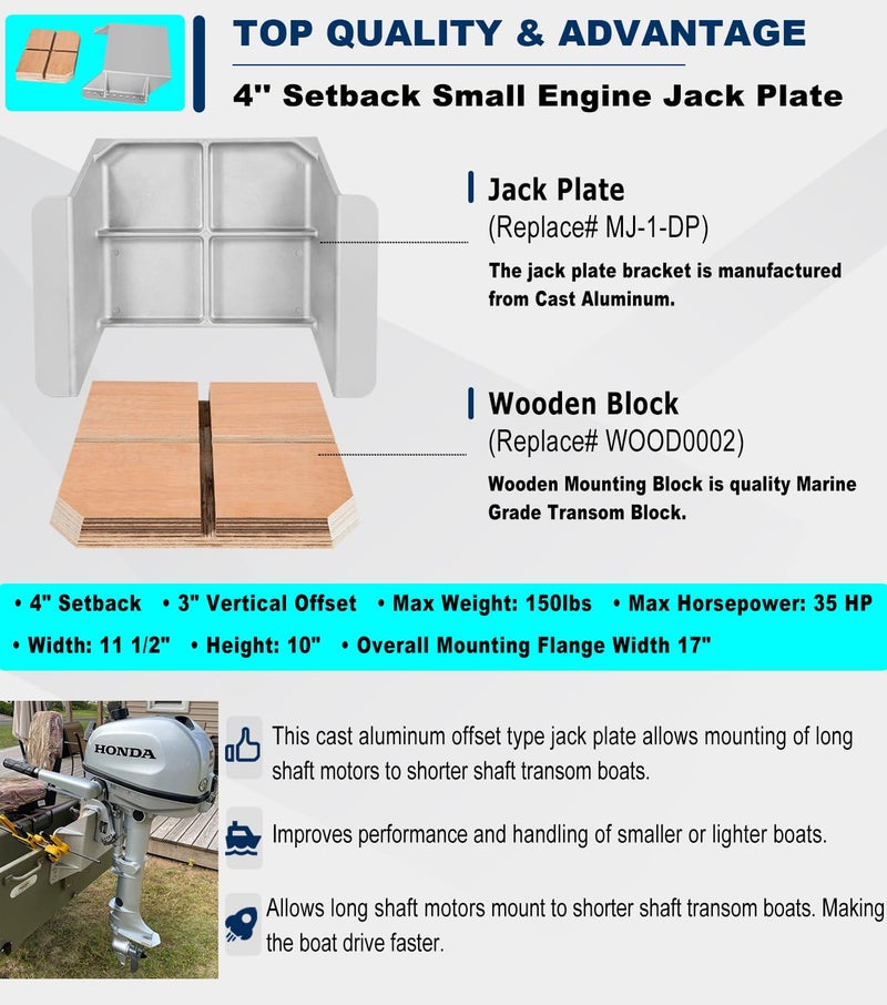 Camoo MJ-1-DP Jack Plate 4'' Setback Small Engine Jack Plate for Outboard Motors Up to 35HP (Wooden Mounting Block Included) Manual Add Distance Between Engine and Transom - Image 3