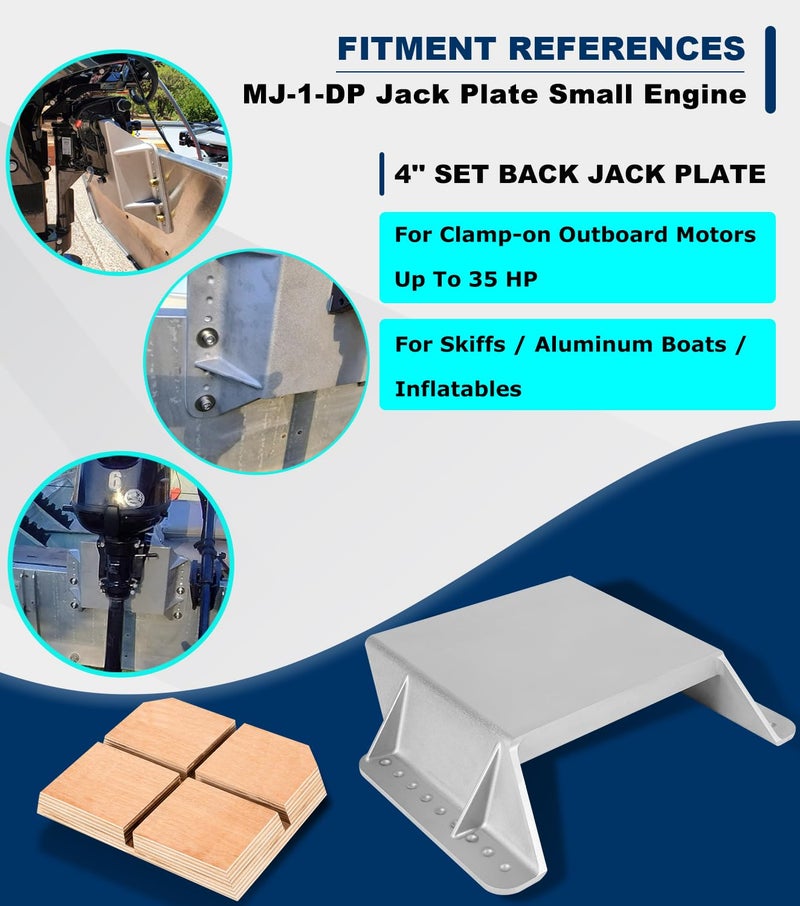 Camoo MJ-1-DP Jack Plate 4'' Setback Small Engine Jack Plate for Outboard Motors Up to 35HP (Wooden Mounting Block Included) Manual Add Distance Between Engine and Transom - Image 2