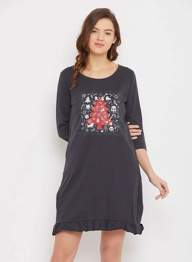 كلوفيا Clovia Christmas Print Short Night Dress in Dark Grey - 100% Cotton