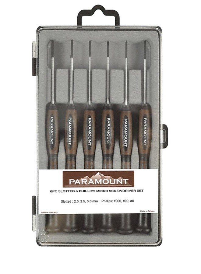 Paramount 6-Piece Precision Screwdriver Set: #000, #00, #0 Phillips & 2, 2.5, 3mm Slotted - Image 1