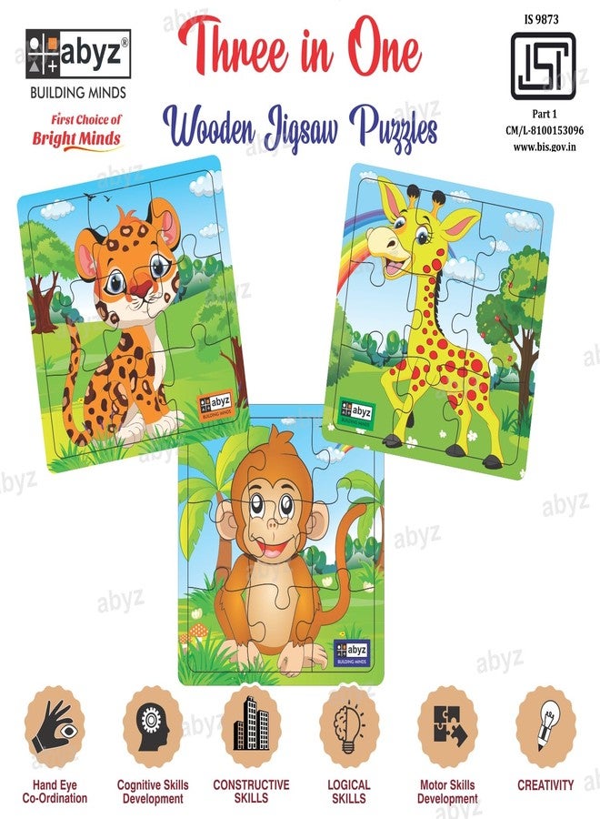 ABYZ Wooden Jigsaw Animal (Tiger+Monkey+Giraffe) Puzzle with 9-Pieces Games for Kids & Children Paperless Puzzle (Set of 3) Age 3+ - Image 3